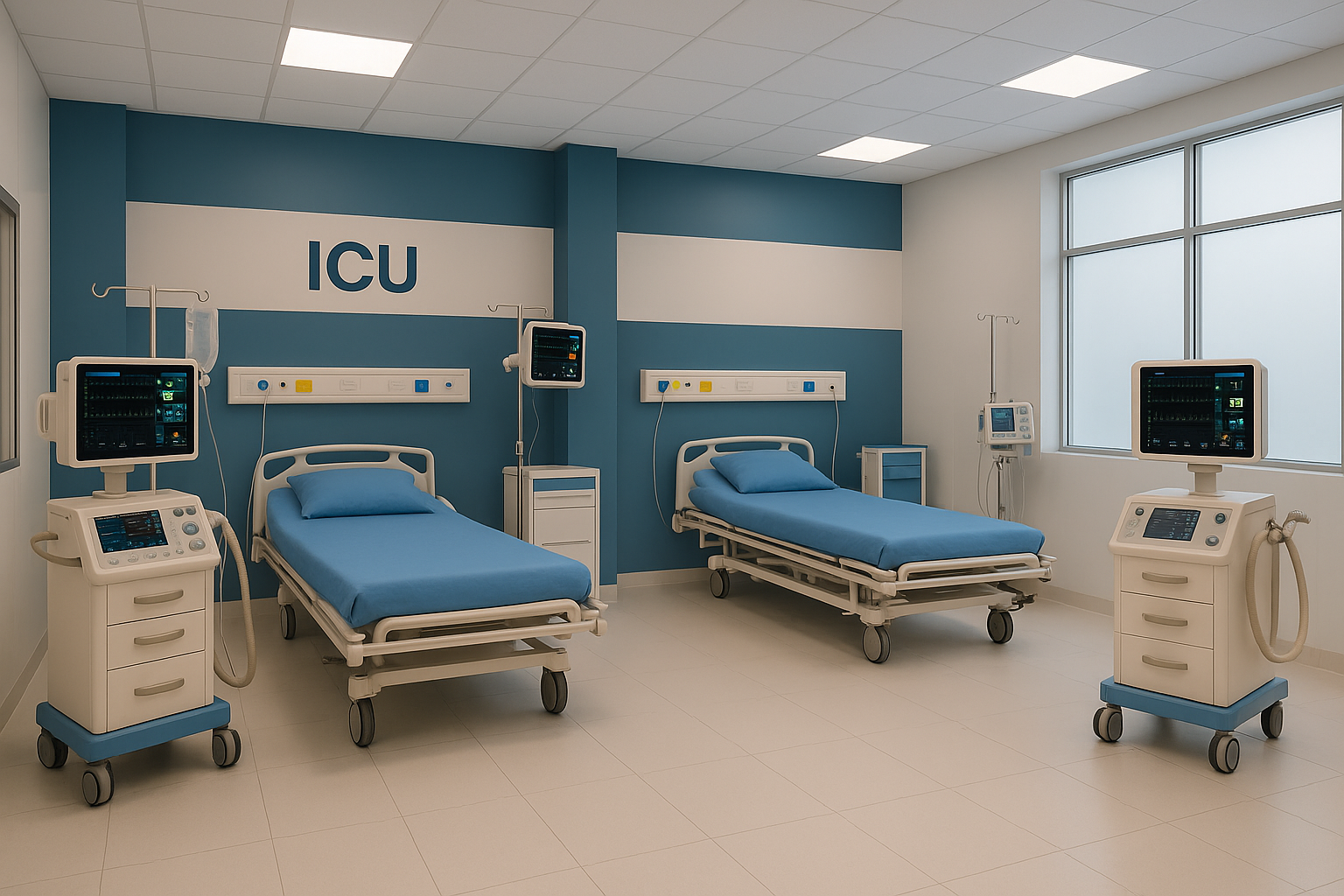Modern ICU department with ventilators and monitoring equipment in clean hospital interior
