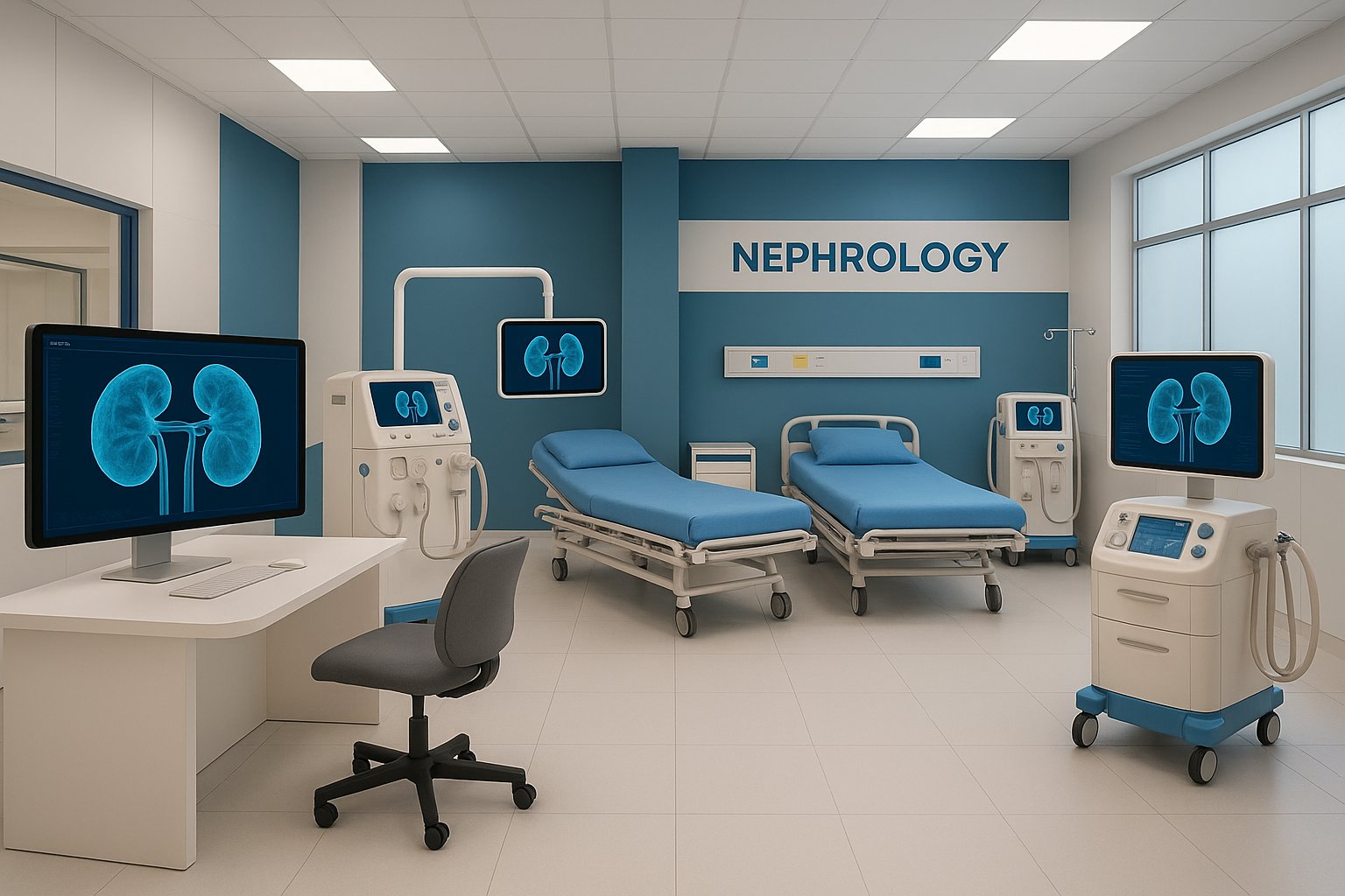 Modern nephrology department with dialysis equipment and clean hospital interior