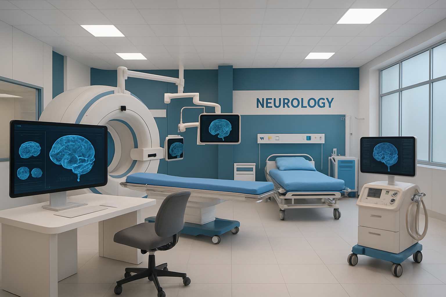Modern neurology department with advanced medical equipment and clean hospital interior