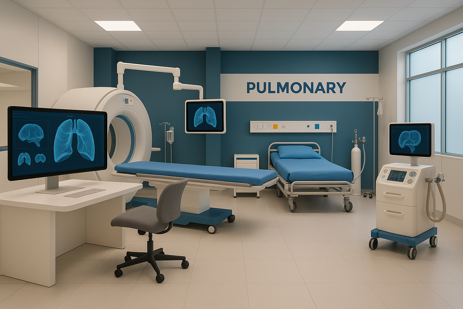 Modern pulmonary department with respiratory care equipment and clean hospital interior